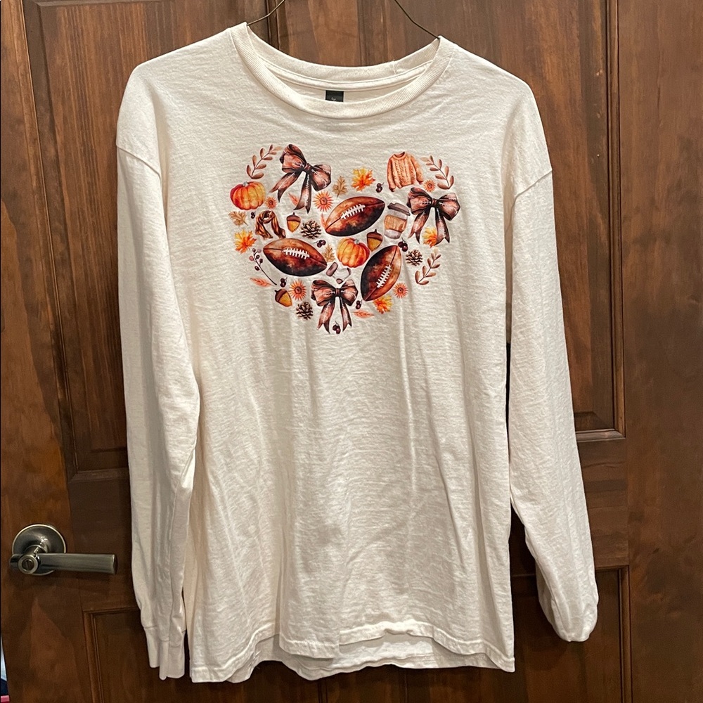 Gildan Off White Long Sleeve Shirt with Fall Football Graphic